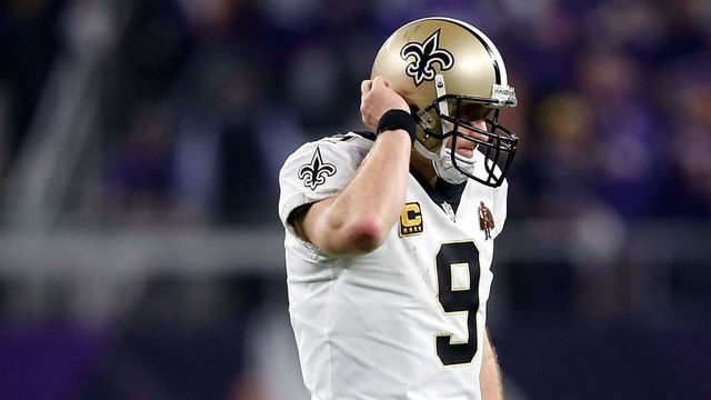 MINNEAPOLIS, MN - JANUARY 14: Quarterback Drew Brees #9 of the New Orleans Saints walks off the field after failing to make a first down during the NFC divisional round playoff game against the Minnesota Vikings at U.S. Bank Stadium on January 14, 2018 in Minneapolis, Minnesota.