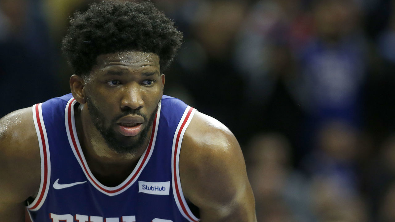 PHILADELPHIA, PA - JANUARY 3: Joel Embiid #21 of the Philadelphia 76ers looks on San Antonio Spurs at Wells Fargo Center on January 3, 2018 in Philadelphia, Pennsylvania.
