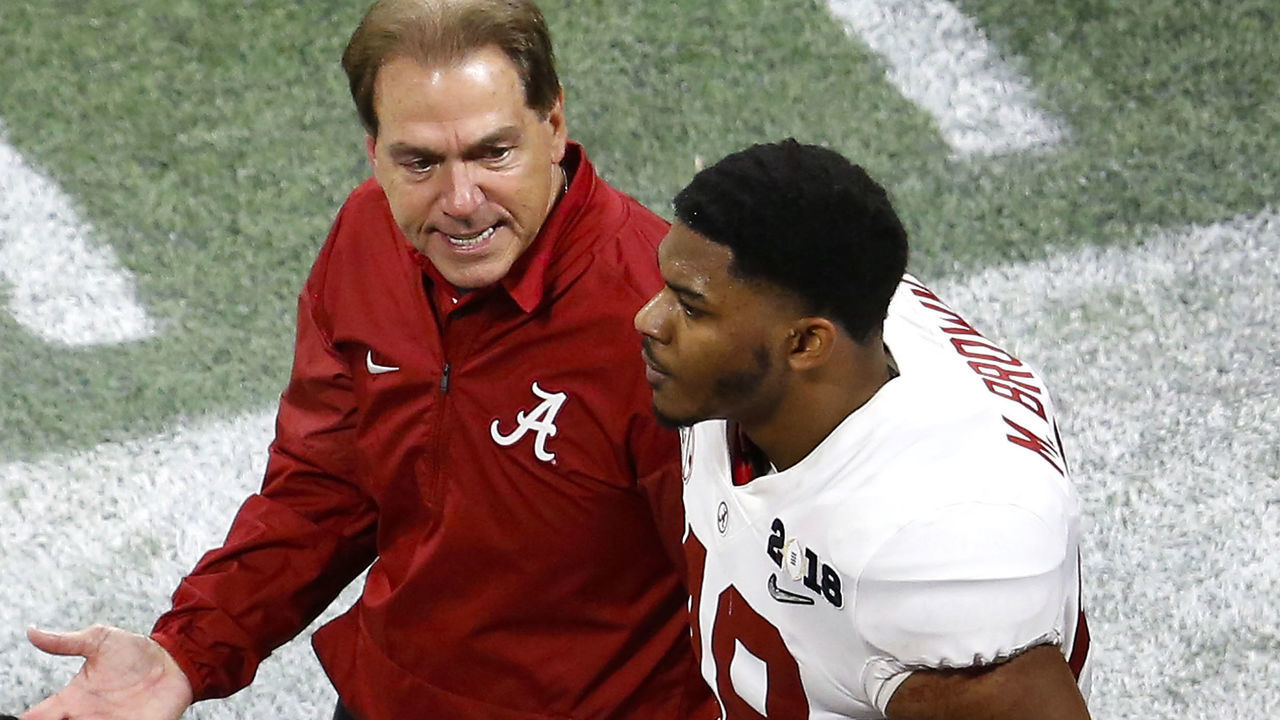 ATLANTA, GA - JANUARY 08: Alabama head coach Nick Saban yells at linebacker Mekhi Brown #48 during the College Football Playoff National Championship game against the Georgia Bulldogs at Mercedes-Benz Stadium on January 8, 2018 in Atlanta, Georgia.