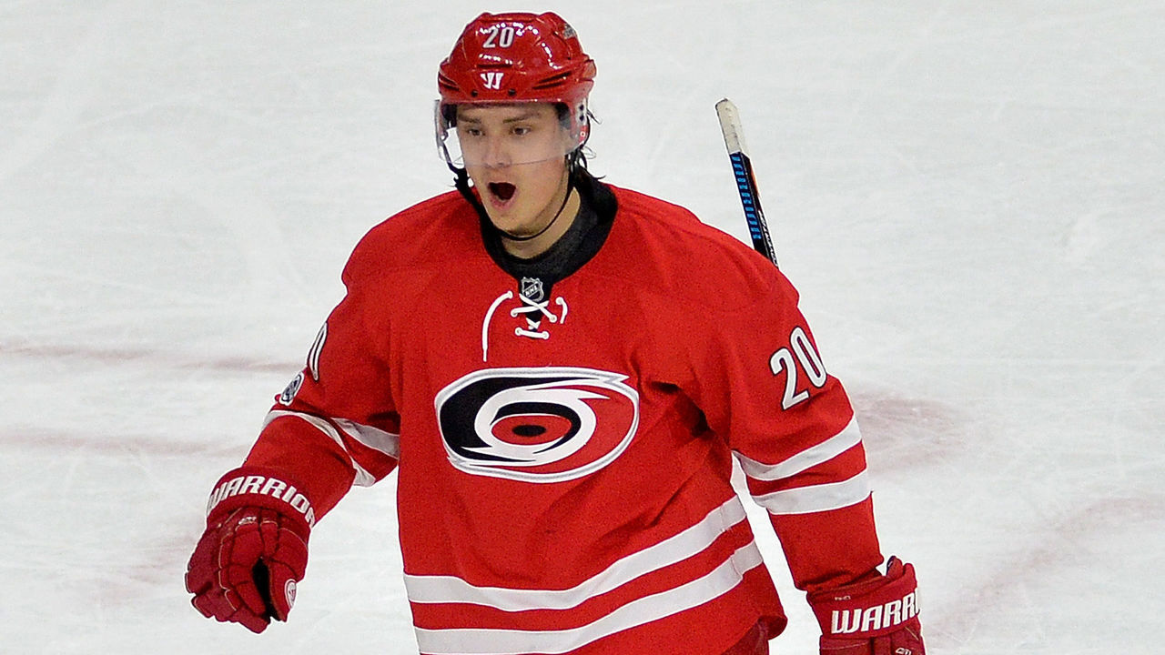 RALEIGH, NC - MARCH 09: Sebastian Aho #20 of the Carolina Hurricanes reacts after scoring the game-winning goal against the New York Rangers during the third period of the game at PNC Arena on March 9, 2017 in Raleigh, North Carolina. The Hurricanes won 4-3.