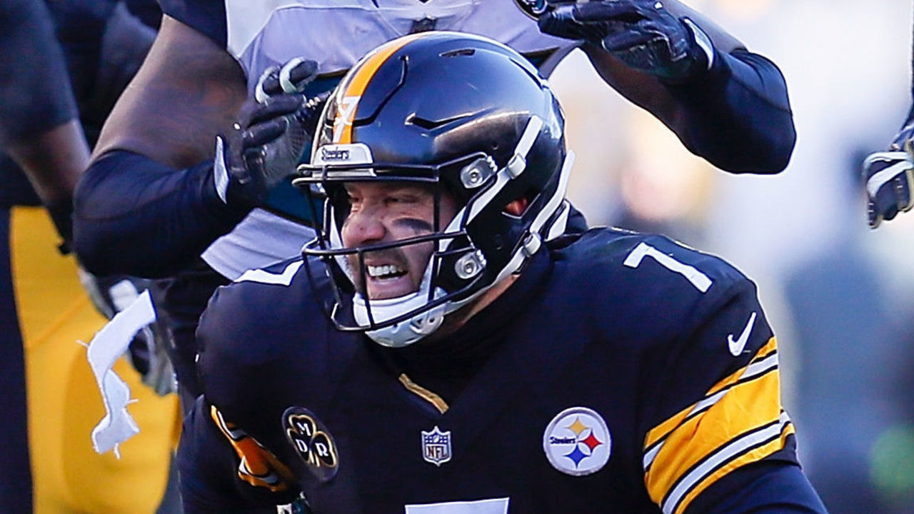PITTSBURGH, PA - JANUARY 14: Ben Roethlisberger #7 of the Pittsburgh Steelers is sacked by Marcell Dareus #99 of the Jacksonville Jaguars during the first half of the AFC Divisional Playoff game at Heinz Field on January 14, 2018 in Pittsburgh, Pennsylvania.