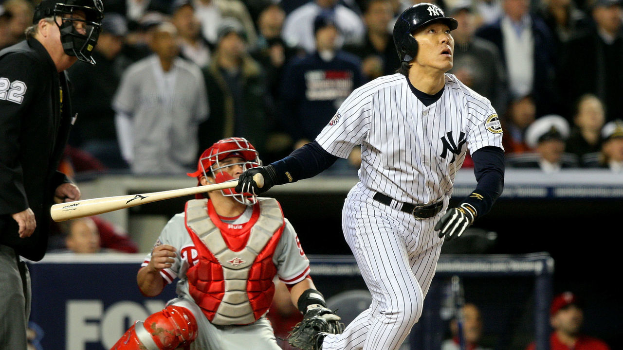 NEW YORK - NOVEMBER 04: Hideki Matsui #55 of the New York Yankees hits a 2-run home run in the bottom of the second inning against the Philadelphia Phillies in Game Six of the 2009 MLB World Series at Yankee Stadium on November 4, 2009 in the Bronx borough of New York City.
