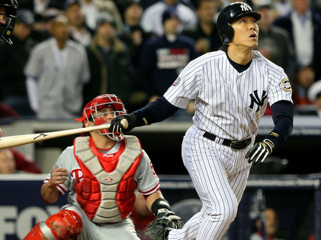 NEW YORK - NOVEMBER 04: Hideki Matsui #55 of the New York Yankees hits a 2-run home run in the bottom of the second inning against the Philadelphia Phillies in Game Six of the 2009 MLB World Series at Yankee Stadium on November 4, 2009 in the Bronx borough of New York City.