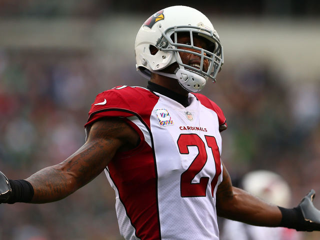 PHILADELPHIA, PA - OCTOBER 08: Patrick Peterson #21 of the Arizona Cardinals celebrates an interception by teammate Antoine Bethea #41 (not pictured) against the Philadelphia Eagles during the second quarter at Lincoln Financial Field on October 8, 2017 in Philadelphia, Pennsylvania.