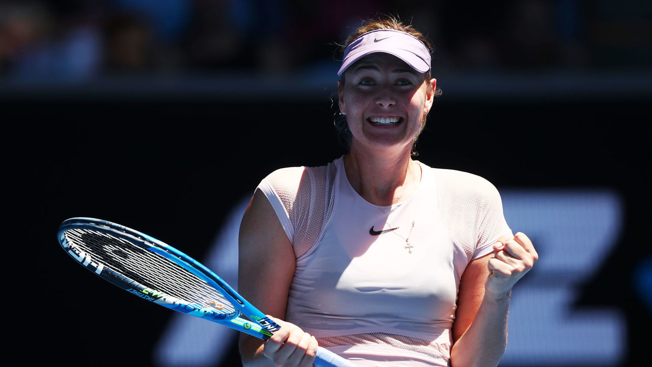 MELBOURNE, AUSTRALIA - JANUARY 16: Maria Sharapova of Russia celebrates winning her first round match against Tatjana Maria of Germany on day two of the 2018 Australian Open at Melbourne Park on January 16, 2018 in Melbourne, Australia.