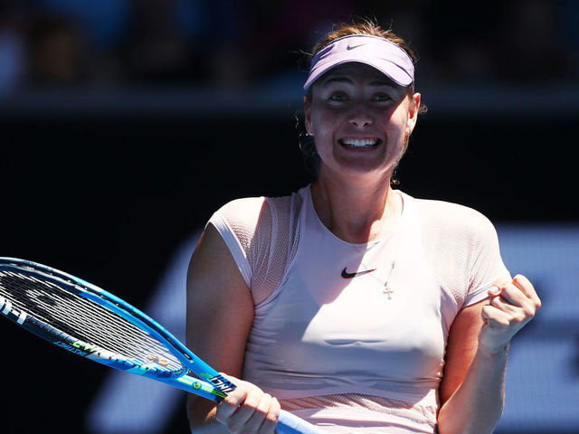 MELBOURNE, AUSTRALIA - JANUARY 16: Maria Sharapova of Russia celebrates winning her first round match against Tatjana Maria of Germany on day two of the 2018 Australian Open at Melbourne Park on January 16, 2018 in Melbourne, Australia.