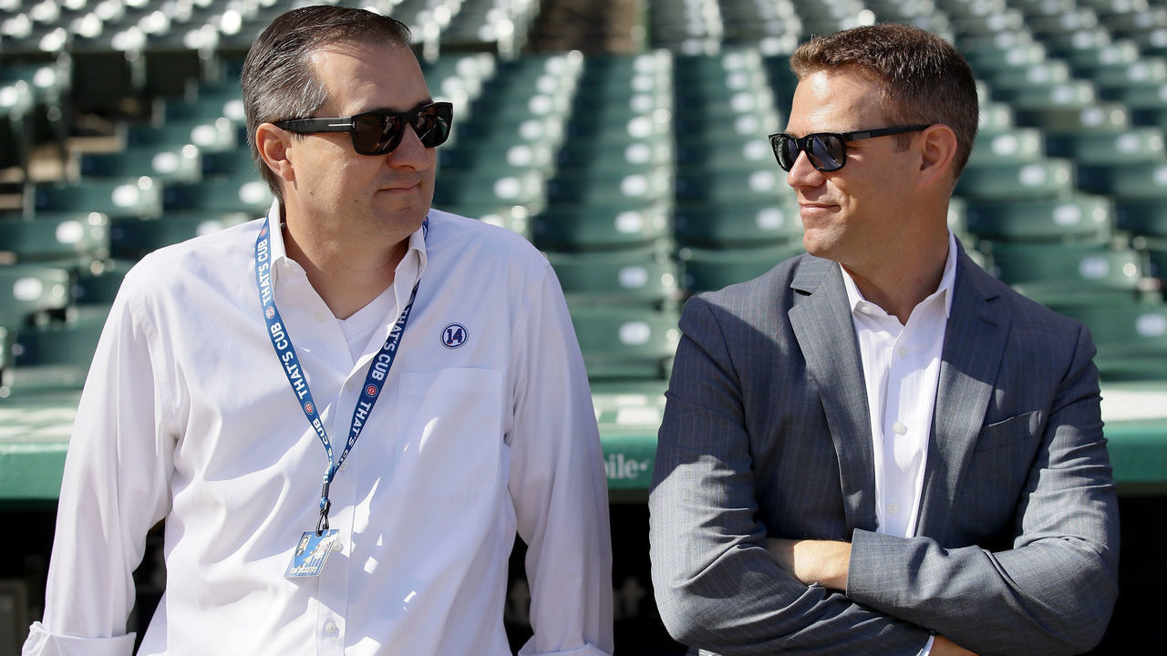 CHICAGO, IL - OCTOBER 09: Chicago Cubs owner Tom Ricketts (L) and general manager Theo Esptein look on before game three of the National League Division Series against the Washington Nationals at Wrigley Field on October 9, 2017 in Chicago, Illinois.
