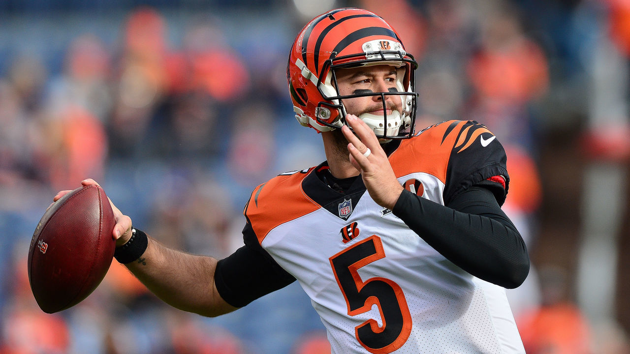 DENVER, CO - NOVEMBER 19: Quarterback AJ McCarron #5 of the Cincinnati Bengals throws as he warms up before a game against the Denver Broncos at Sports Authority Field at Mile High on November 19, 2017 in Denver, Colorado.