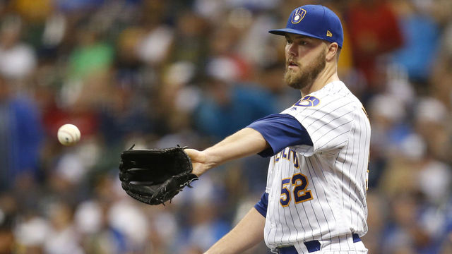 MILWAUKEE, WI - SEPTEMBER 01: Jimmy Nelson #52 of the Milwaukee Brewers pitches during the first inning against the Washington Nationals at Miller Park on September 01, 2017 in Milwaukee, WI.