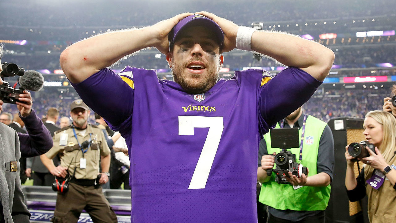 MINNEAPOLIS, MN - JANUARY 14: Case Keenum #7 of the Minnesota Vikings celebrates after defeating the New Orleans Saints in the NFC Divisional Playoff game at U.S. Bank Stadium on January 14, 2018 in Minneapolis, Minnesota.