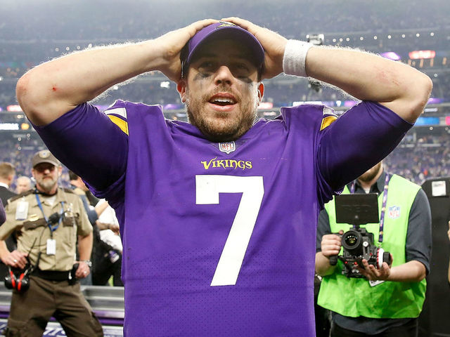 MINNEAPOLIS, MN - JANUARY 14: Case Keenum #7 of the Minnesota Vikings celebrates after defeating the New Orleans Saints in the NFC Divisional Playoff game at U.S. Bank Stadium on January 14, 2018 in Minneapolis, Minnesota.