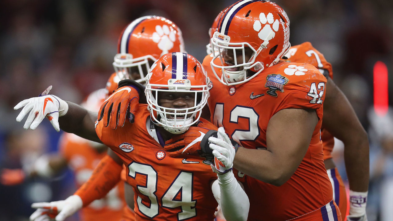 NEW ORLEANS, LA - JANUARY 01: Kendall Joseph #34 of the Clemson Tigers celebrates recovering a fumble in the second half of the AllState Sugar Bowl against the Alabama Crimson Tide at the Mercedes-Benz Superdome on January 1, 2018 in New Orleans, Louisiana.