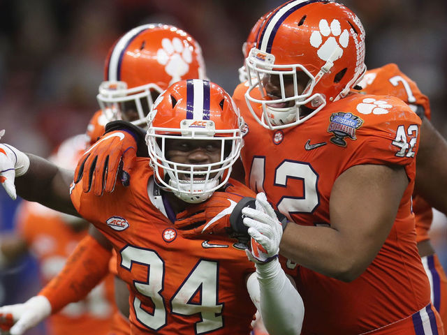 NEW ORLEANS, LA - JANUARY 01: Kendall Joseph #34 of the Clemson Tigers celebrates recovering a fumble in the second half of the AllState Sugar Bowl against the Alabama Crimson Tide at the Mercedes-Benz Superdome on January 1, 2018 in New Orleans, Louisiana.
