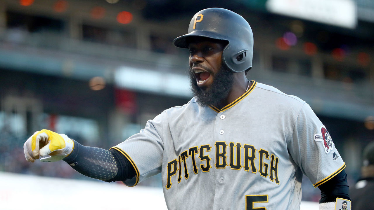SAN FRANCISCO, CA - JULY 24: Josh Harrison #5 of the Pittsburgh Pirates reacts after scoring in the first inning against the San Francisco Giants at AT&T Park on July 24, 2017 in San Francisco, California.