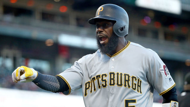 SAN FRANCISCO, CA - JULY 24: Josh Harrison #5 of the Pittsburgh Pirates reacts after scoring in the first inning against the San Francisco Giants at AT&T Park on July 24, 2017 in San Francisco, California.
