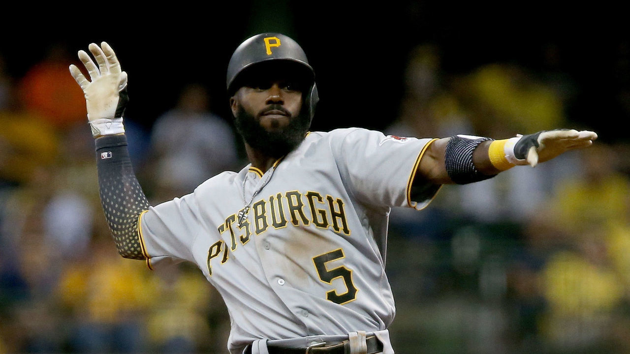 MILWAUKEE, WI - JUNE 19: Josh Harrison #5 of the Pittsburgh Pirates celebrates after hitting a double in the seventh inning against the Milwaukee Brewers at Miller Park on June 19, 2017 in Milwaukee, Wisconsin.