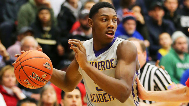 SPRINGFIELD, MA - JANUARY 15: R.J. Barrett #5 of Montverde Academy dribbles during a game against Mater Dei High School during the 2018 Spalding Hoophall Classic at Blake Arena at Springfield College on January 15, 2018 in Springfield, Massachusetts.