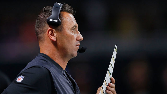 ATLANTA, GA - AUGUST 26: Offensive coordinator Steve Sarkisian of the Atlanta Falcons calls plays from the sidelines during the game against the Arizona Cardinals at Mercedes-Benz Stadium on August 26, 2017 in Atlanta, Georgia.