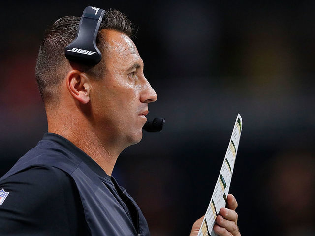 ATLANTA, GA - AUGUST 26: Offensive coordinator Steve Sarkisian of the Atlanta Falcons calls plays from the sidelines during the game against the Arizona Cardinals at Mercedes-Benz Stadium on August 26, 2017 in Atlanta, Georgia.