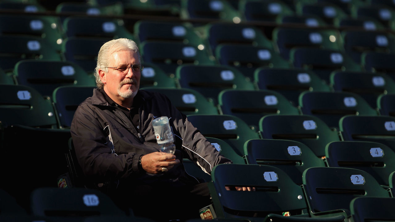 SAN FRANCISCO - OCTOBER 13: San Francisco Giants general manager Brian Sabean sits in the stands during a workout session in preparation for the National League Championship Series at AT&T Park on October 13, 2010 in San Francisco, California.