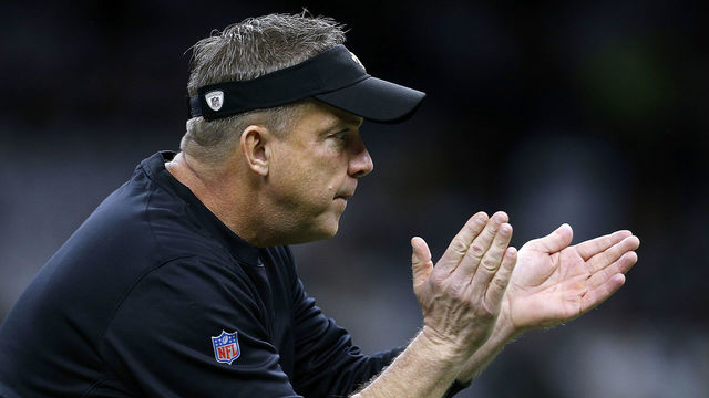 NEW ORLEANS, LA - JANUARY 07: Head coach Sean Payton of the New Orleans Saints reacts before the NFC Wild Card playoff game against the Carolina Panthers at the Mercedes-Benz Superdome on January 7, 2018 in New Orleans, Louisiana.