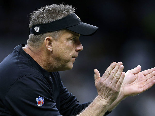 NEW ORLEANS, LA - JANUARY 07: Head coach Sean Payton of the New Orleans Saints reacts before the NFC Wild Card playoff game against the Carolina Panthers at the Mercedes-Benz Superdome on January 7, 2018 in New Orleans, Louisiana.