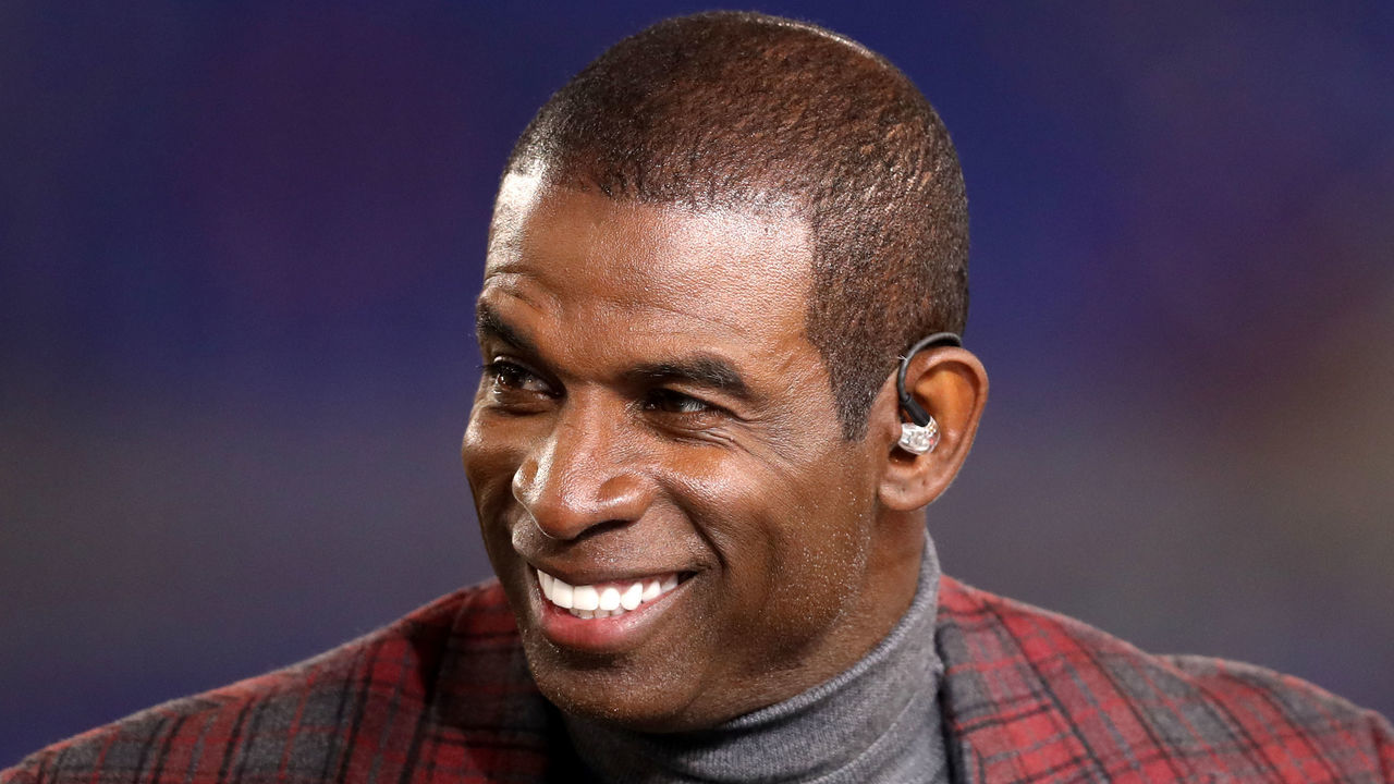 BALTIMORE, MD - OCTOBER 26: NFL Network analyst Deion Sanders appears on set during the Baltimore Ravens and Miami Dolphins game at M&T Bank Stadium on October 26, 2017 in Baltimore, Maryland.