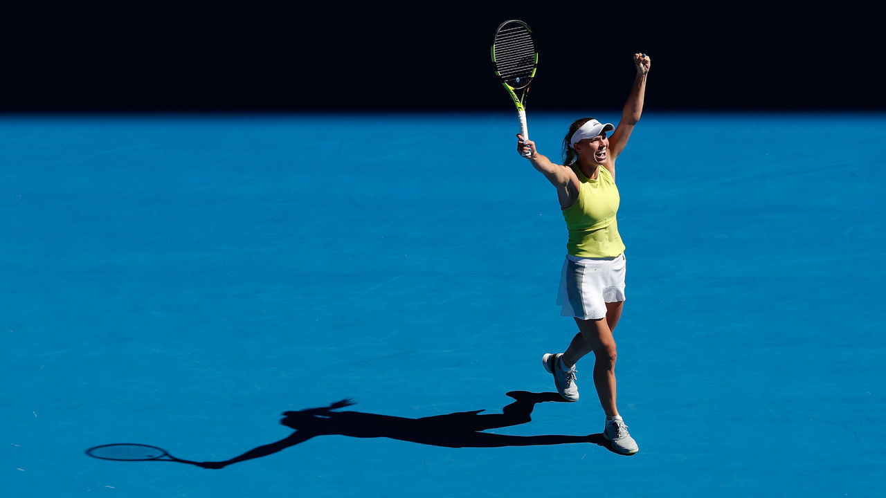 MELBOURNE, AUSTRALIA - JANUARY 17: Caroline Wozniacki of Denmark celebrates winning her second round match against Jana Fett of Croatia on day three of the 2018 Australian Open at Melbourne Park on January 17, 2018 in Melbourne, Australia.