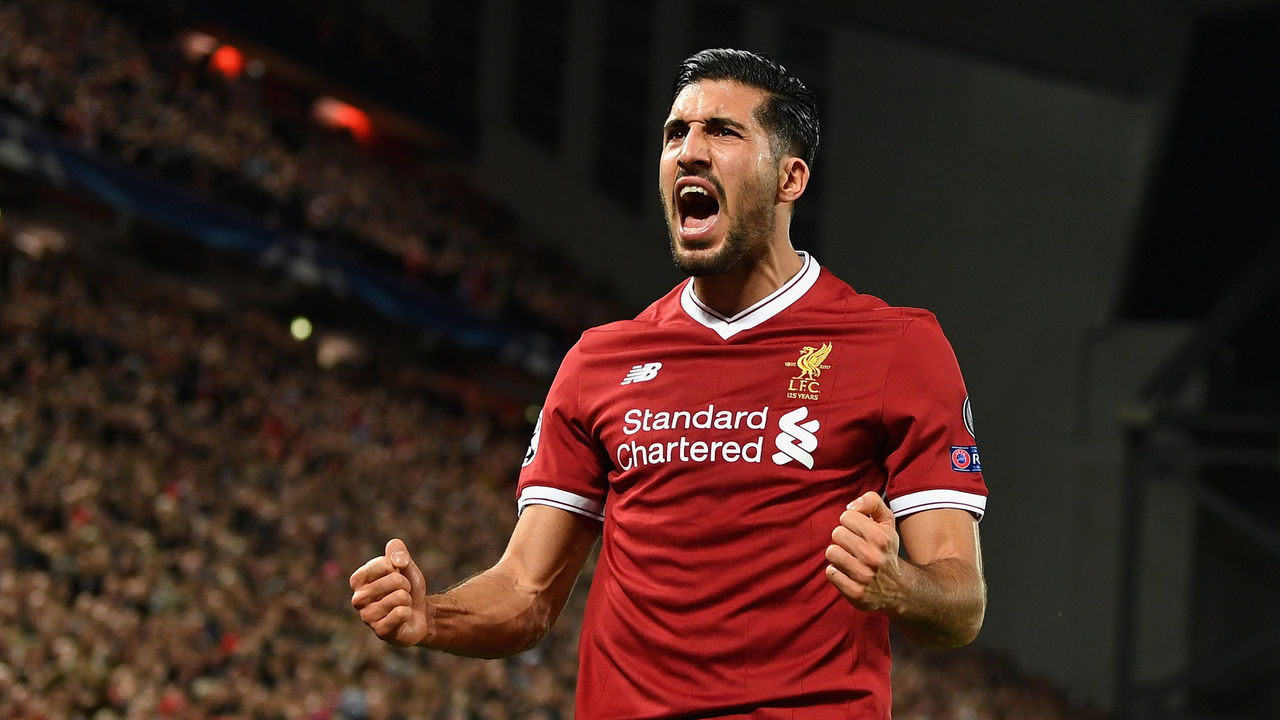 LIVERPOOL, ENGLAND - NOVEMBER 01: Emre Can of Liverpool celebrates scoring his sides second goal during the UEFA Champions League group E match between Liverpool FC and NK Maribor at Anfield on November 1, 2017 in Liverpool, United Kingdom.