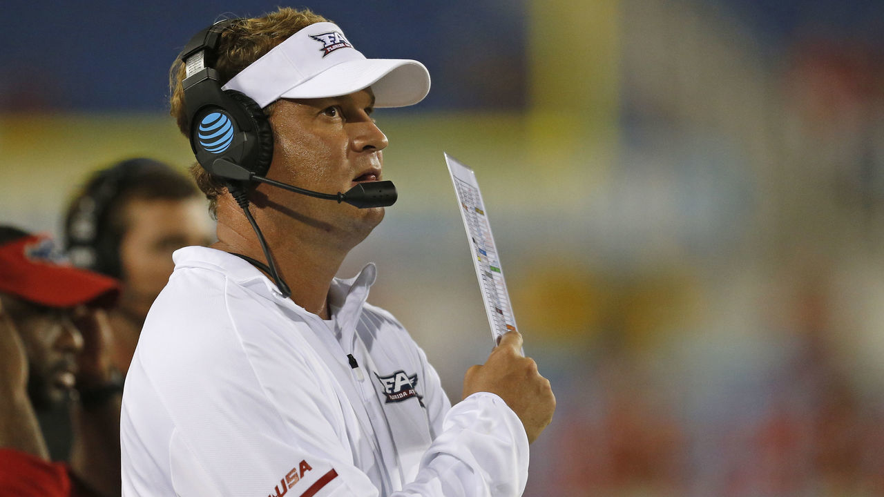 BOCA RATON, FL - SEPTEMBER 1: Head coach Lane Kiffin of the Florida Atlantic Owls looks on during 4th quarter action against the Navy Midshipmen on September 1, 2017 at FAU Stadium in Boca Raton, Florida.