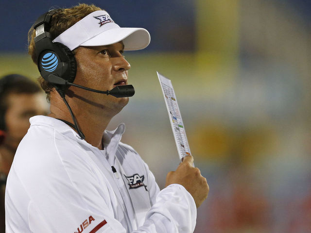 BOCA RATON, FL - SEPTEMBER 1: Head coach Lane Kiffin of the Florida Atlantic Owls looks on during 4th quarter action against the Navy Midshipmen on September 1, 2017 at FAU Stadium in Boca Raton, Florida.