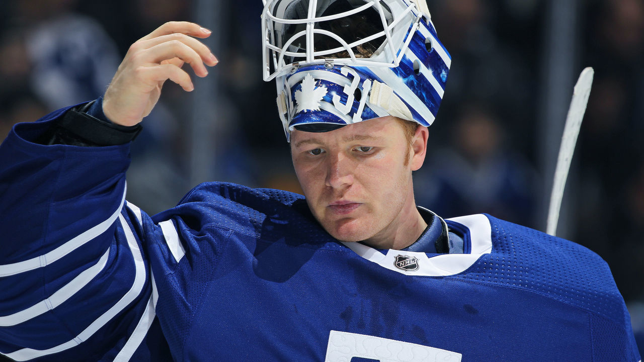 TORONTO,ON - DECEMBER 19: Frederik Andersen #31 of the Toronto Maple Leafs takes a breather against the Carolina Hurricanes during an NHL game at the Air Canada Centre on December 19, 2017 in Toronto, Ontario, Canada. The Maple Leafs defeated the Hurricanes 8-1.