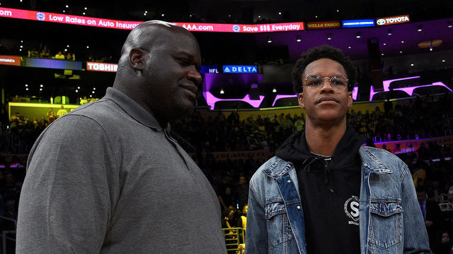 LOS ANGELES, CA - DECEMBER 18: Shaquille O'Neal and son Shareef O'Neal are seen at halftime at Staples Center on December 18, 2017 in Los Angeles, California.