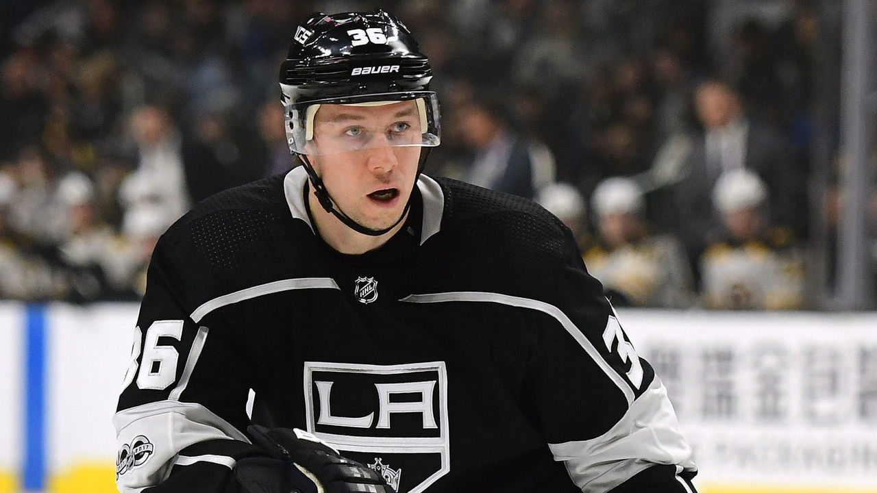 LOS ANGELES, CA - NOVEMBER 16: Jussi Jokinen #36 of the Los Angeles Kings skates in to forecheck against the Boston Bruins at Staples Center on November 16, 2017 in Los Angeles, California.