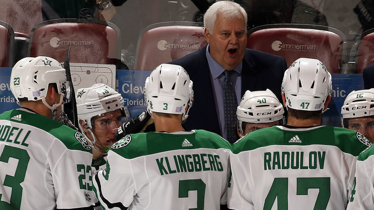 SUNRISE, FL - NOVEMBER 14: Dallas Stars Head Coach Ken Hitchcock directs his team from the bench during a break in the action against the Florida Panthers at the BB&T Center on November 14, 2017 in Sunrise, Florida.