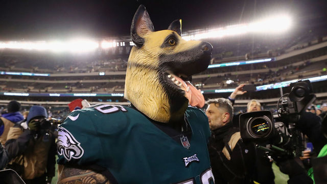 PHILADELPHIA, PA - JANUARY 13: Defensive end Chris Long #56 of the Philadelphia Eagles celebrates as he walks off the field after their 15-10 win over the Atlanta Falcons in the NFC Divisional Playoff game at Lincoln Financial Field on January 13, 2018 in Philadelphia, Pennsylvania.