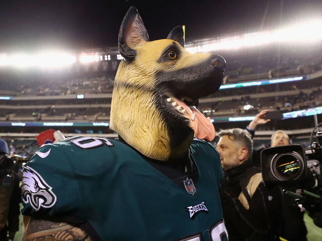 PHILADELPHIA, PA - JANUARY 13: Defensive end Chris Long #56 of the Philadelphia Eagles celebrates as he walks off the field after their 15-10 win over the Atlanta Falcons in the NFC Divisional Playoff game at Lincoln Financial Field on January 13, 2018 in Philadelphia, Pennsylvania.