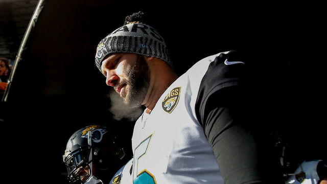 PITTSBURGH, PA - JANUARY 14: Blake Bortles #5 of the Jacksonville Jaguars looks on prior to taking the field against the Pittsburgh Steelers prior to the AFC Divisional Playoff game at Heinz Field on January 14, 2018 in Pittsburgh, Pennsylvania.