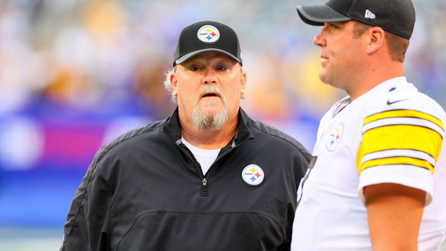 EAST RUTHERFORD, NJ - AUGUST 11: Pittsburgh Steelers quarterback coach Randy Fichtner talks with Pittsburgh Steelers quarterback Ben Roethlisberger (7) prior to the Preseason National Football League game between the New York Giants and the Pittsburgh Steelers on August 11, 2017, at Met Life Stadium in East Rutherford, NJ.