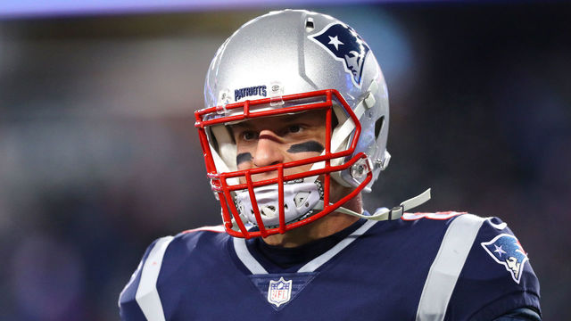 FOXBOROUGH, MA - JANUARY 13: Rob Gronkowski #87 of the New England Patriots warms up before the AFC Divisional Playoff game against the Tennessee Titans at Gillette Stadium on January 13, 2018 in Foxborough, Massachusetts.