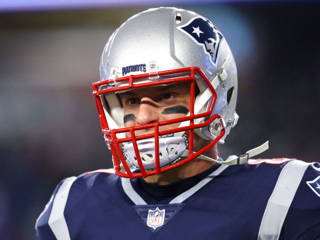 FOXBOROUGH, MA - JANUARY 13: Rob Gronkowski #87 of the New England Patriots warms up before the AFC Divisional Playoff game against the Tennessee Titans at Gillette Stadium on January 13, 2018 in Foxborough, Massachusetts.