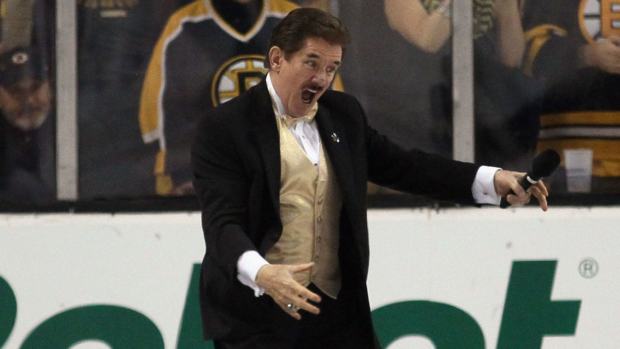 BOSTON, MA - MAY 10: Rene Rancourt sings the national anthem prior to the game between the Boston Bruins and the Montreal Canadiens prior to Game Five of the Second Round of the 2014 NHL Stanley Cup Playoffs at the TD Garden on May 10, 2014 in Boston, Massachusetts. The Bruins defeated the Canadians 4-2.