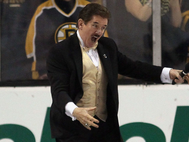 BOSTON, MA - MAY 10: Rene Rancourt sings the national anthem prior to the game between the Boston Bruins and the Montreal Canadiens prior to Game Five of the Second Round of the 2014 NHL Stanley Cup Playoffs at the TD Garden on May 10, 2014 in Boston, Massachusetts. The Bruins defeated the Canadians 4-2.