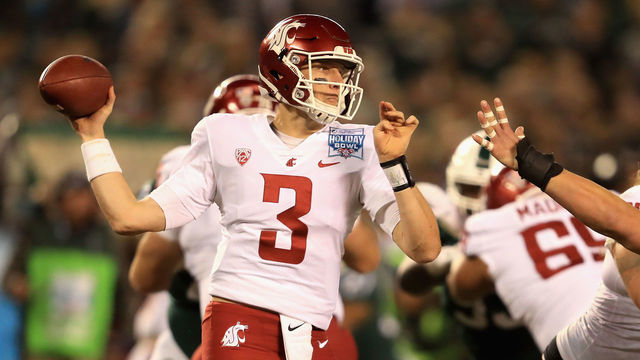 SAN DIEGO, CA - DECEMBER 28: Tyler Hilinski #3 of the Washington State Cougars passes the ball against the Michigan State Spartans during the first half of the SDCCU Holiday Bowl at SDCCU Stadium on December 28, 2017 in San Diego, California.