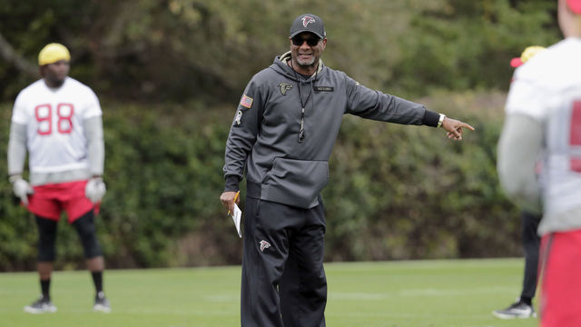 HOUSTON, TX - FEBRUARY 03: Special Teams Coordinator Keith Armstrong of the Atlanta Falcons observes the Super Bowl LI practice on February 3, 2017 in Houston, Texas.