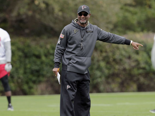 HOUSTON, TX - FEBRUARY 03: Special Teams Coordinator Keith Armstrong of the Atlanta Falcons observes the Super Bowl LI practice on February 3, 2017 in Houston, Texas.