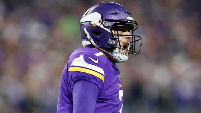 MINNEAPOLIS, MN - JANUARY 14: Case Keenum #7 of the Minnesota Vikings celebrates after a touchdown against the New Orleans Saints during the first half of the NFC Divisional Playoff game at U.S. Bank Stadium on January 14, 2018 in Minneapolis, Minnesota.