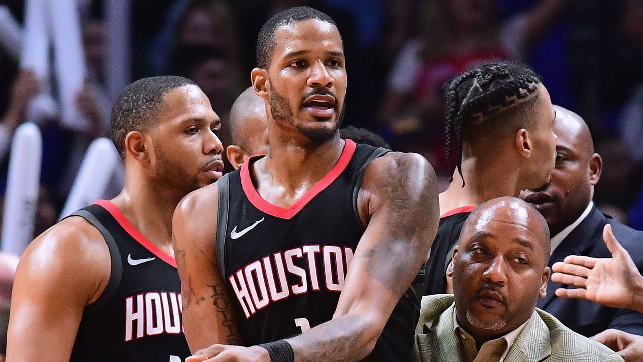 LOS ANGELES, CA - JANUARY 15: Trevor Ariza #1 of the Houston Rockets is restrained by an assistant coach before his ejection from the game during a 113-102 LA Clippers win at Staples Center on January 15, 2018 in Los Angeles, California.