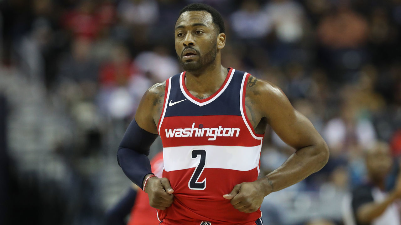 WASHINGTON, DC - JANUARY 12: John Wall #2 of the Washington Wizards looks on against the Orlando Magic in the first half at Capital One Arena on January 12, 2018 in Washington, DC.