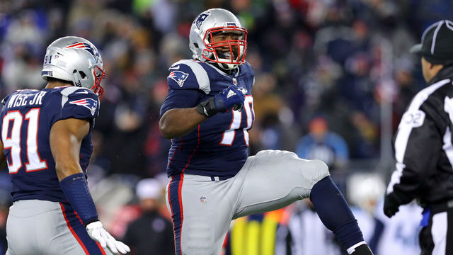 FOXBOROUGH, MA - JANUARY 13: Adam Butler #70 of the New England Patriots reacts during the fourth quarter in the AFC Divisional Playoff game against the Tennessee Titans at Gillette Stadium on January 13, 2018 in Foxborough, Massachusetts.